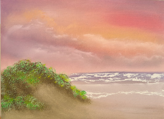 A hand-painted oil painting on canvas board, this work captures the luminous glow of the amber horizon as twilight settles across the landscape. The artist’s brushwork layers warm amber tones with subtle gradients, evoking both serenity and expansiveness. The composition invites the viewer into a moment of stillness, where light and atmosphere converge in harmony. Measuring 25 x 30, the piece offers an intimate scale that draws attention to its detail while remaining versatile for display.