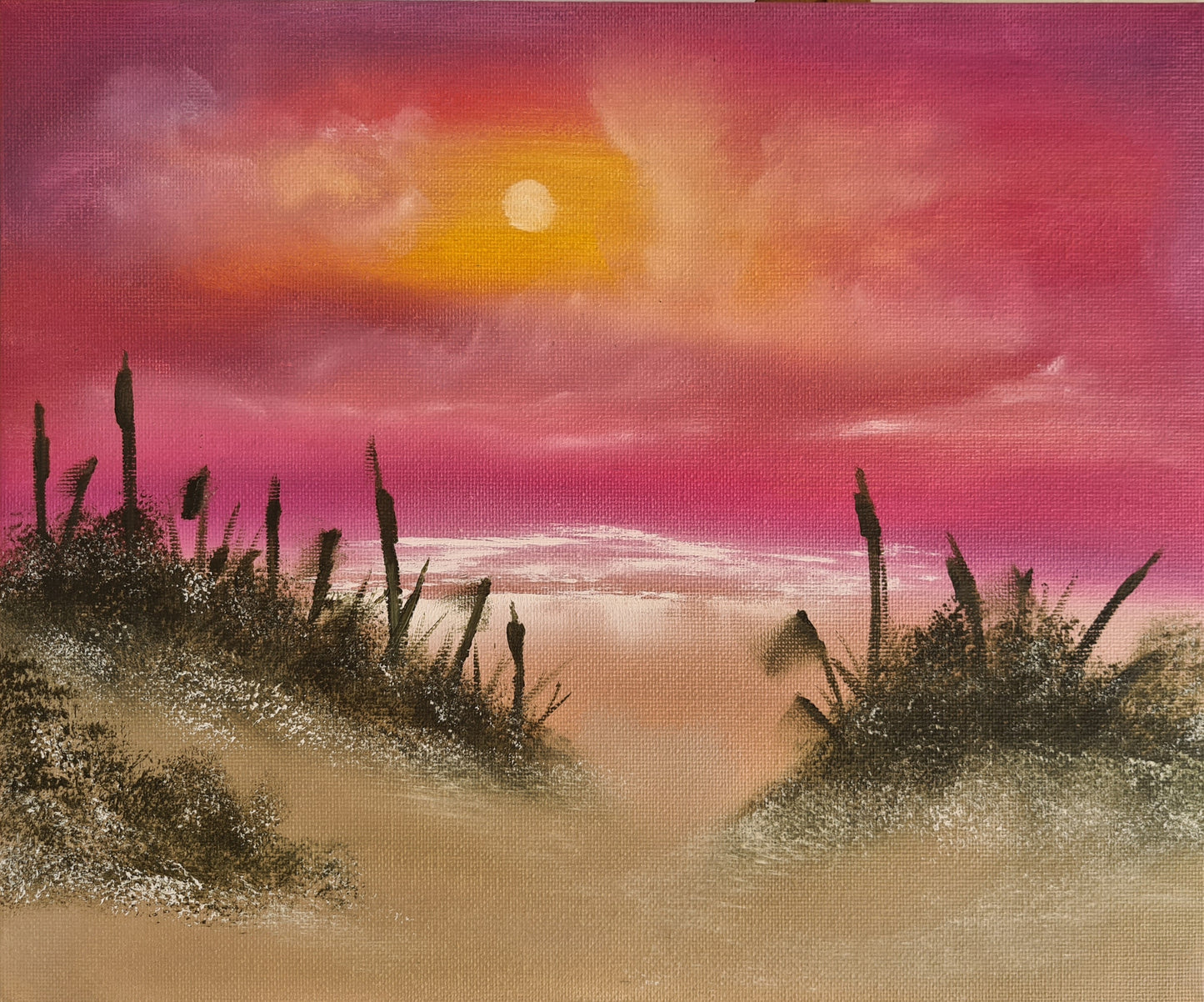 This is a hand-painted oil painting on canvas board, depicting the dramatic beauty of the Crimson Coast. Rich crimson hues blend with coastal tones to evoke the warmth and intensity of a shoreline at dusk, with brushwork that captures both movement and tranquility. The canvas board measures 25 x 30 cm