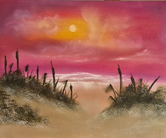 This is a hand-painted oil painting on canvas board, depicting the dramatic beauty of the Crimson Coast. Rich crimson hues blend with coastal tones to evoke the warmth and intensity of a shoreline at dusk, with brushwork that captures both movement and tranquility. The canvas board measures 25 x 30 cm