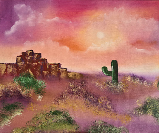 This is a hand-painted oil painting capturing the serene beauty of tranquil dusk over the desert. Gentle brushstrokes and warm tones evoke the stillness of twilight, with the fading light casting a peaceful glow across the desert landscape. The canvas measures 25 x 30 cm