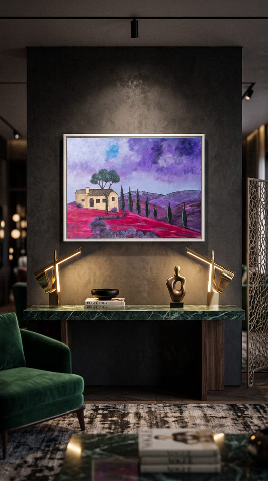 Immerse yourself in the rolling beauty of Tuscany with this 50x60 acrylic masterpiece. Deep magenta and rich purple hues sweep across the hills, creating a vibrant, dreamlike landscape that radiates warmth and elegance. A striking centerpiece for any space, it brings the charm of Tuscan scenery into your home.