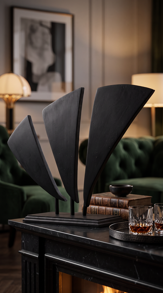 This wooden boat abstract sculpture features a sleek design with three sails, all crafted from wood to highlight natural texture and artistry