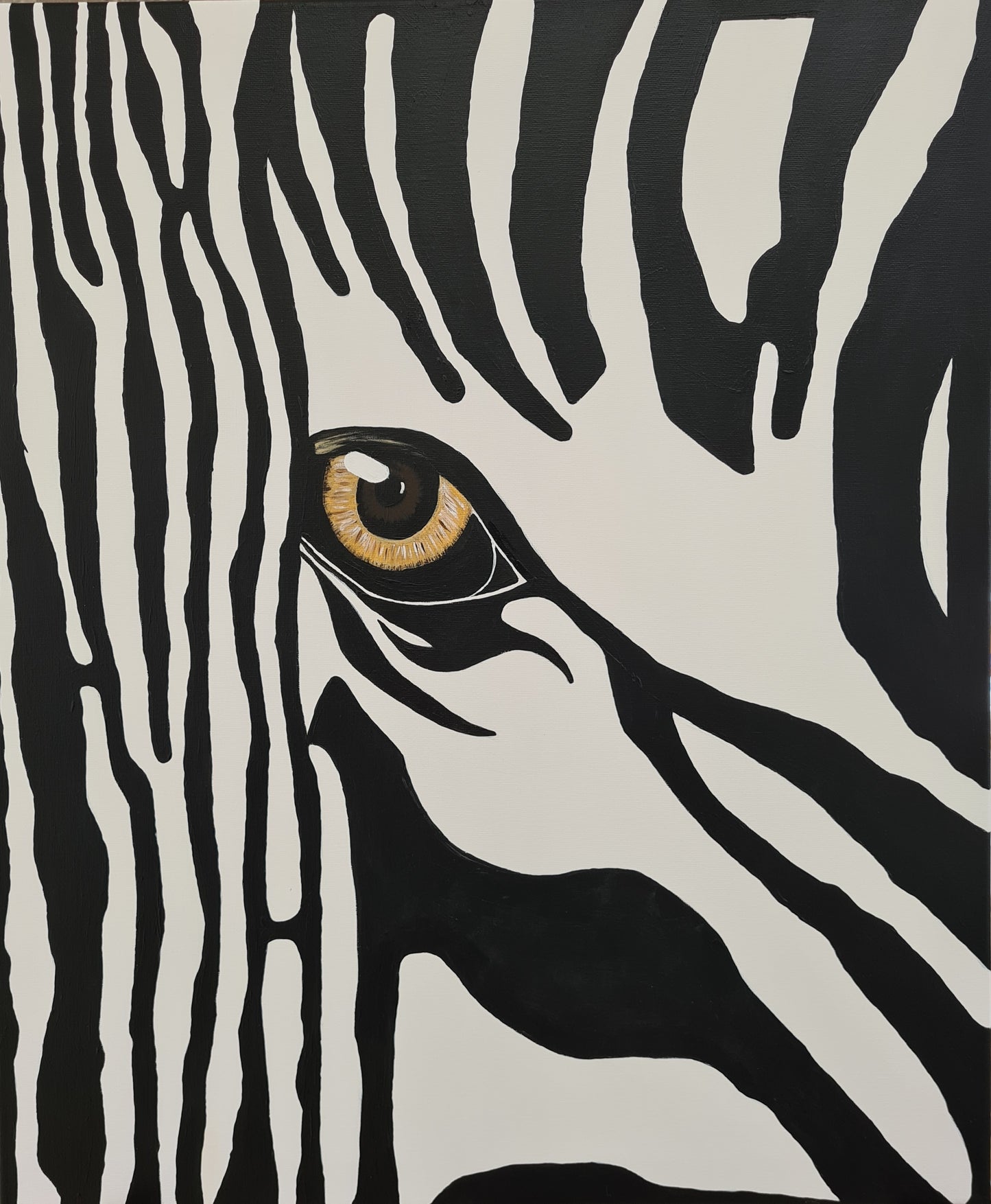 A hand-painted acrylic painting on canvas board, this work explores the elegance of the zebra through bold contrasts and rhythmic linear patterns. Measuring 50 x 60 cm