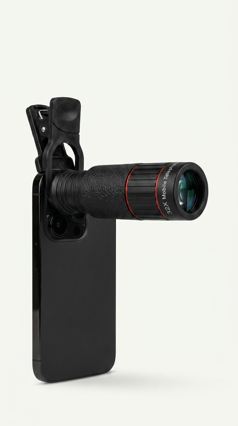 This HD mobile telephoto lens is a high-definition model designed to capture stunning detail at a distance. Featuring a powerful x32 photo lens