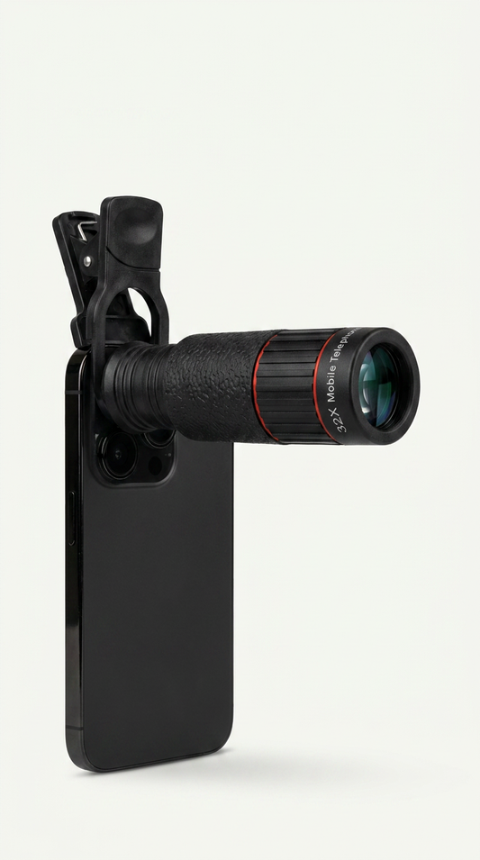 This HD mobile telephoto lens is a high-definition model designed to capture stunning detail at a distance. Featuring a powerful x32 photo lens
