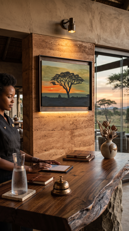 This 30 x 40 acrylic painting beautifully depicts a glowing sunset framed by the silhouette of an acacia tree.
