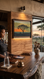 This 30 x 40 acrylic painting beautifully depicts a glowing sunset framed by the silhouette of an acacia tree.