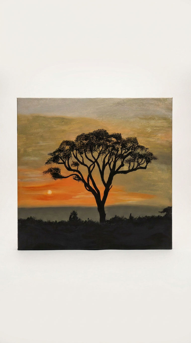This 30 x 40 acrylic painting beautifully depicts a glowing sunset framed by the silhouette of an acacia tree.