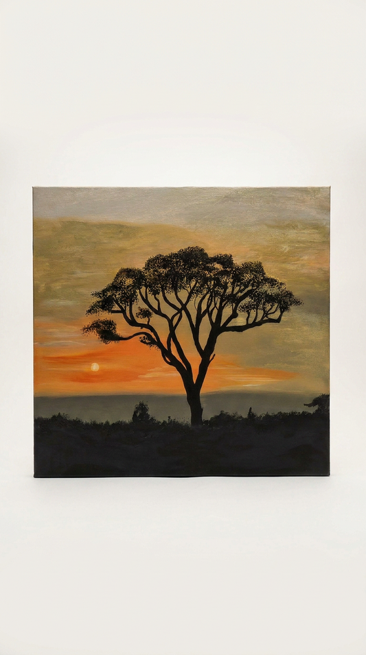 This 30 x 40 acrylic painting beautifully depicts a glowing sunset framed by the silhouette of an acacia tree.