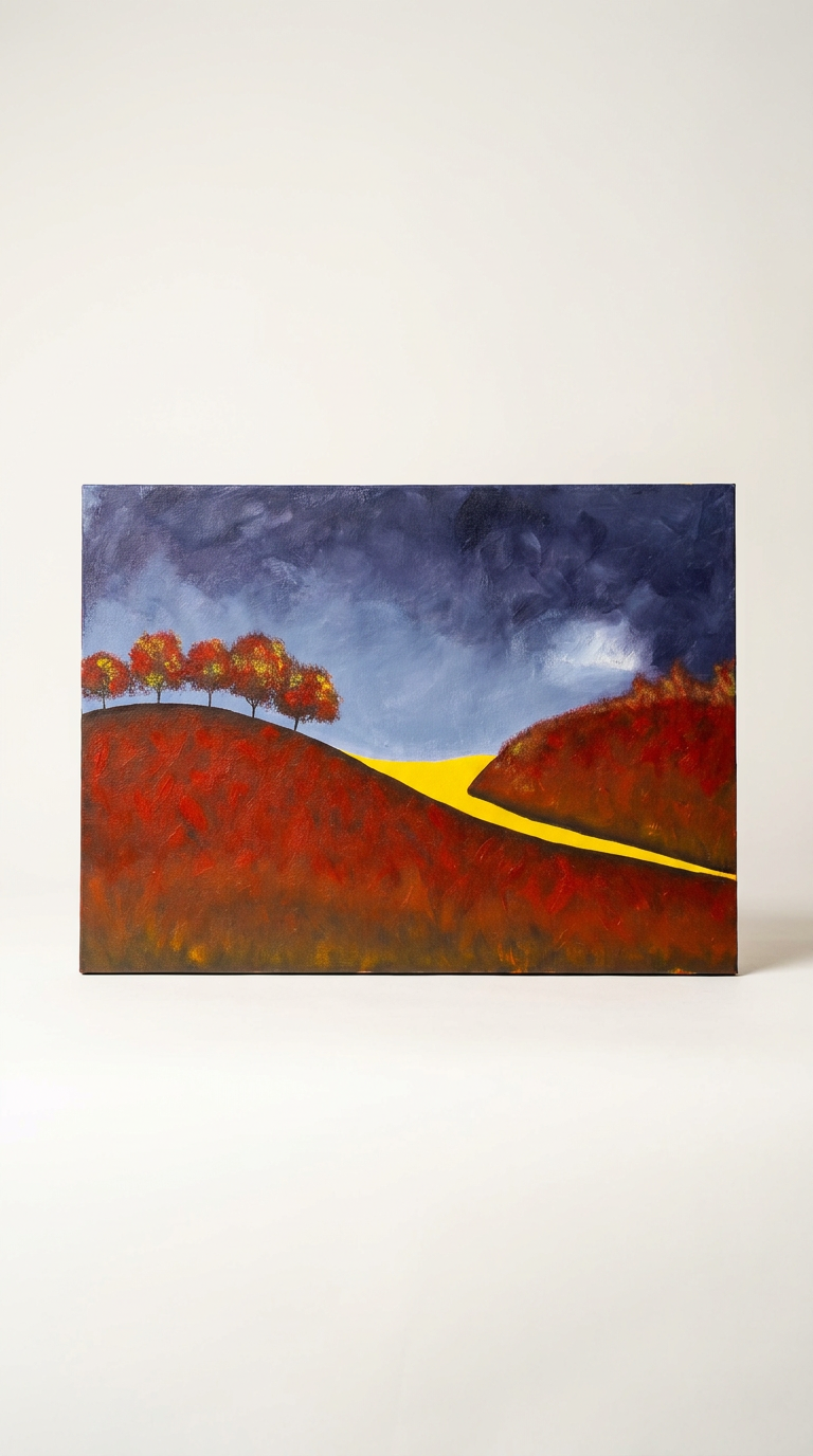 Capture the serene beauty of autumn with this textured acrylic artwork. Warm tones and rolling hills bring seasonal charm to any space, making it a standout piece for both modern and classic décor.