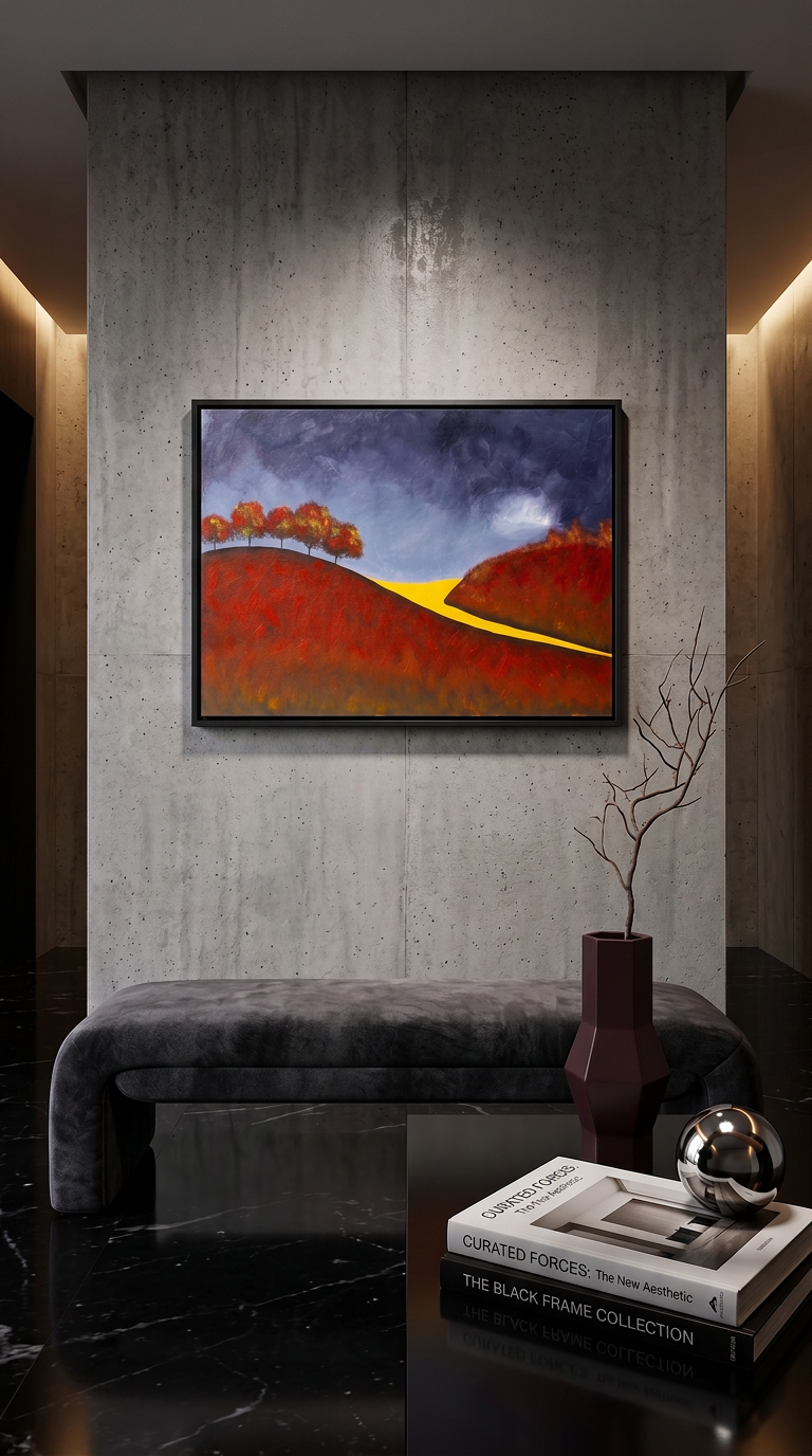 Capture the serene beauty of autumn with this textured acrylic artwork. Warm tones and rolling hills bring seasonal charm to any space, making it a standout piece for both modern and classic décor.