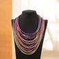 This statement piece embodies bohemian spirit with a bold bib-style design. Handcrafted from durable waxed thread, the necklace features intricate braided rope layers that create texture and depth. Its vibrant mix of colors adds playful energy, while the retro-inspired aesthetic makes it a standout accessory.