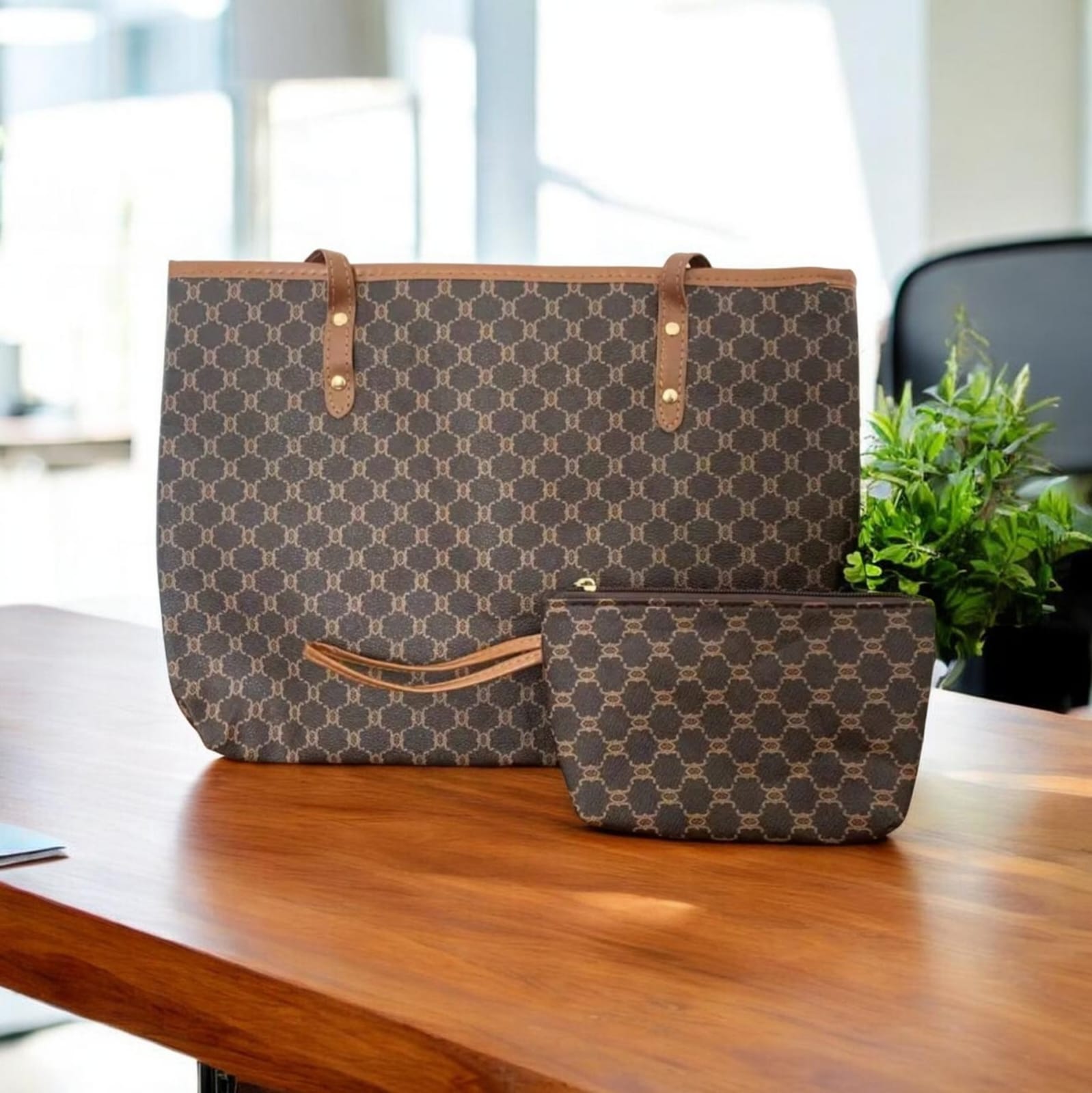 Brown printed handbag and matching tote