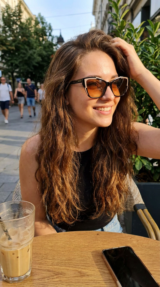 These cat eye sunglasses radiate elegance with a modern twist. Their upswept silhouette is accented by a cream geometric detail along the frame, adding a refined yet artistic touch. The design blends timeless femininity with contemporary edge, making them a versatile accessory that elevates both casual and polished looks.