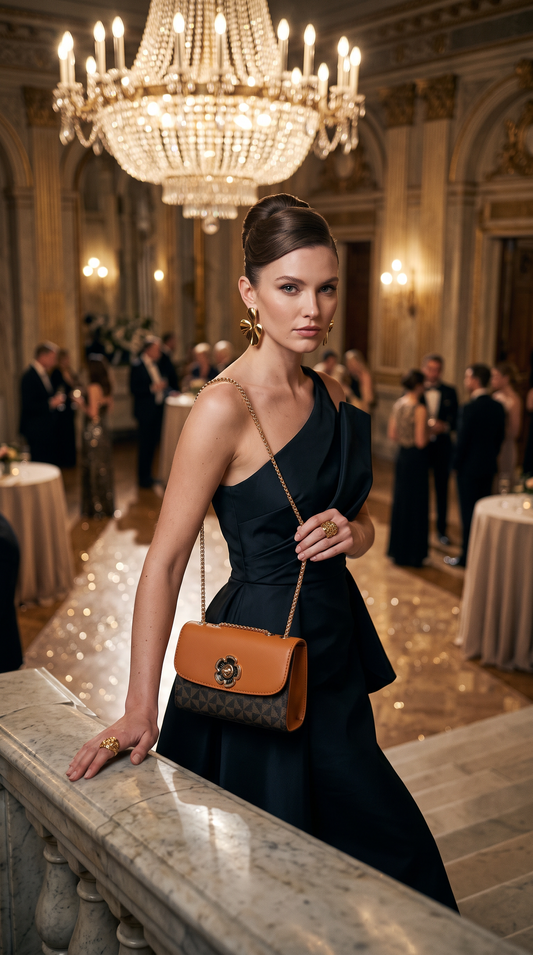 This chic ladies’ handbag in orange and brown is designed to make a statement. Featuring a refined gold shoulder strap and elegant gold detailing, it blends bold color with sophisticated accents.&nbsp;