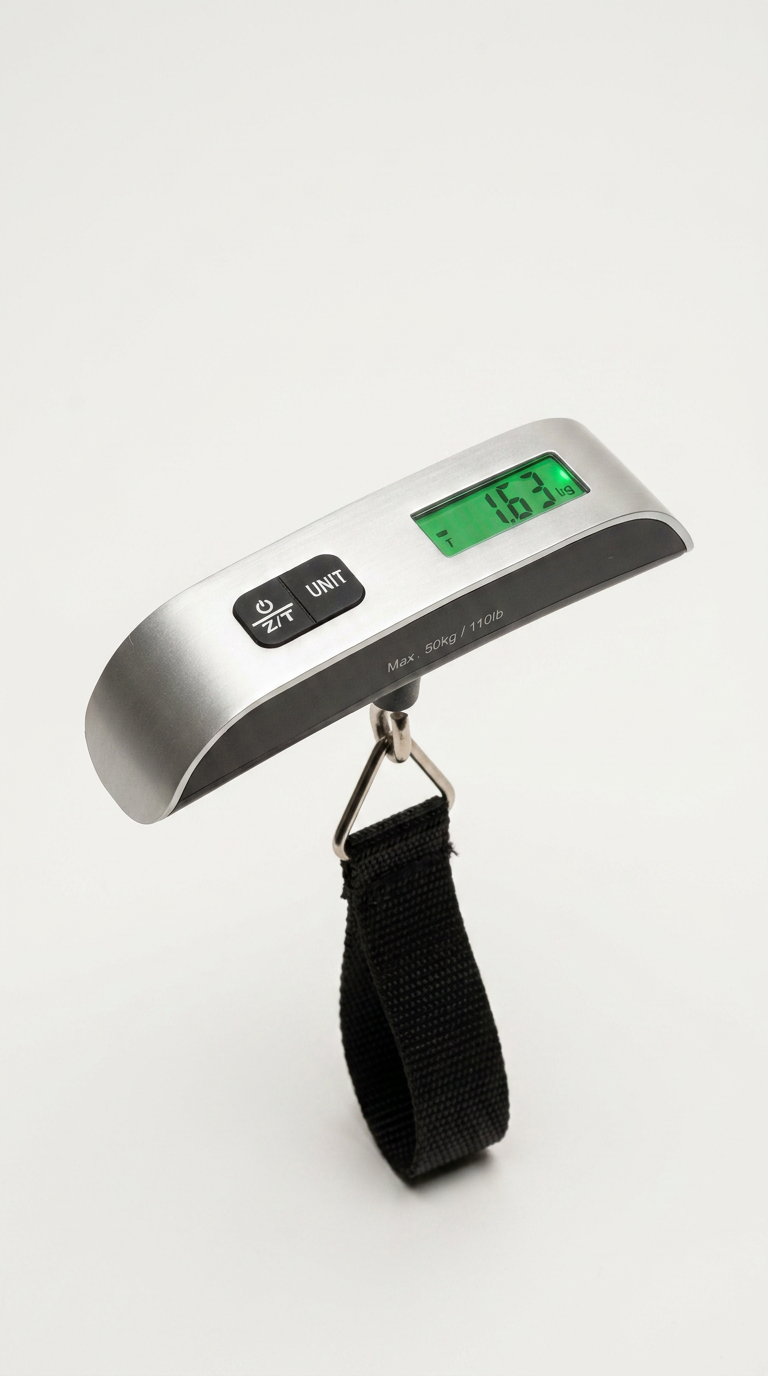 This digital luggage weighing scale is a practical travel essential, featuring a maximum load capacity of 50 kg and a clear digital display face for easy readings. Battery operated for convenience