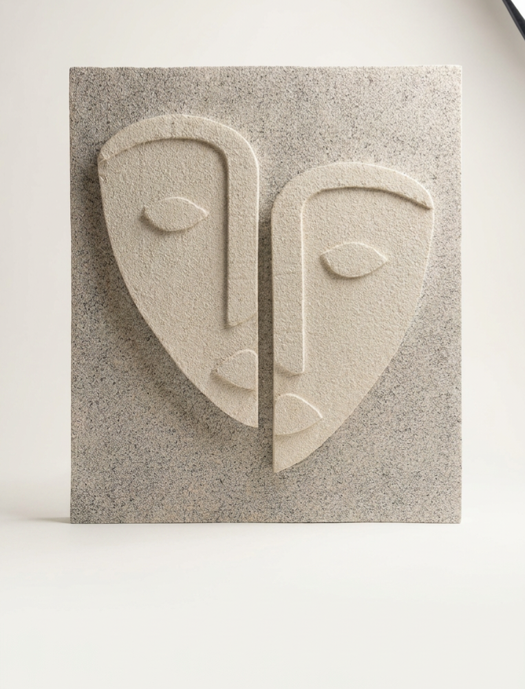 This home wall decoration featuring two faces is a captivating piece of art that blends character and symbolism. Crafted with attention to detail, it presents a textured, antique-inspired design that adds depth and intrigue to any interior. 