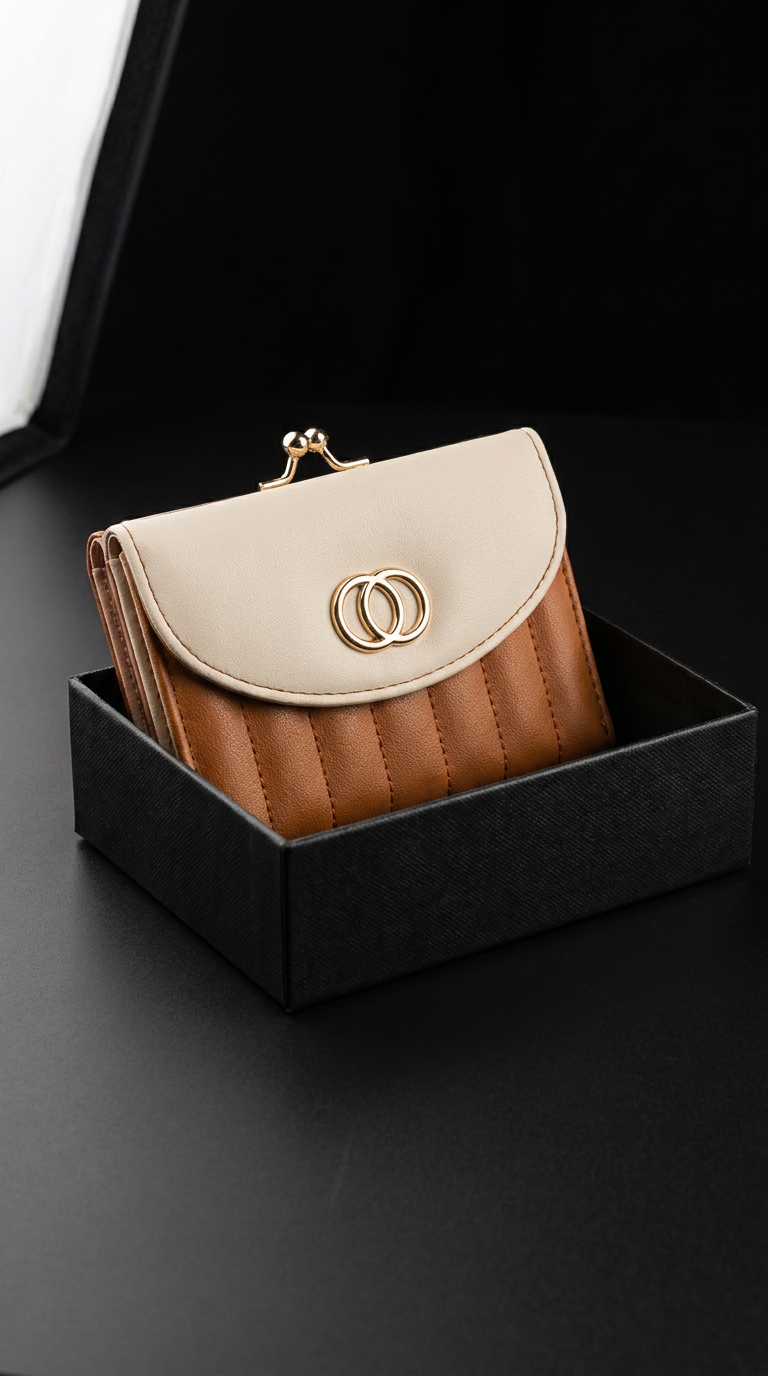 This ladies’ two-tone purse (13 x 9 cm) is designed with elegant gold clip and detailing for a refined finish. Compact yet functional, it securely holds coins, notes, and up to 5 bank cards