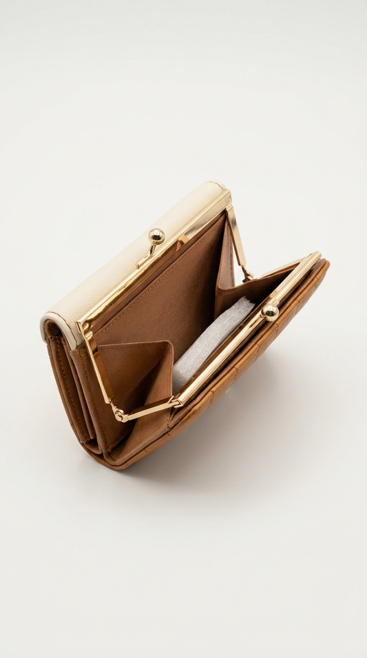 This ladies’ two-tone purse (13 x 9 cm) is designed with elegant gold clip and detailing for a refined finish. Compact yet functional, it securely holds coins, notes, and up to 5 bank cards