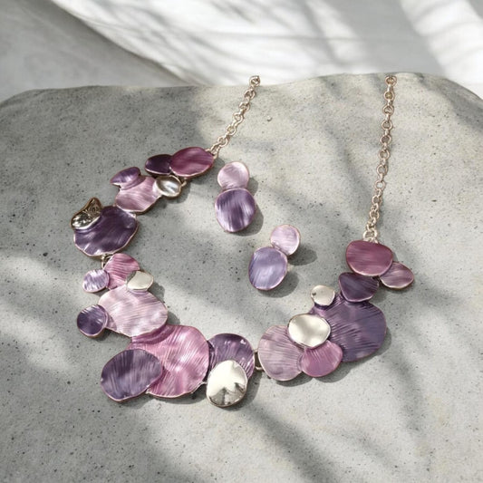 Necklace and Earring set with purple, silver and pink disc pendants made from Alloy Zinc