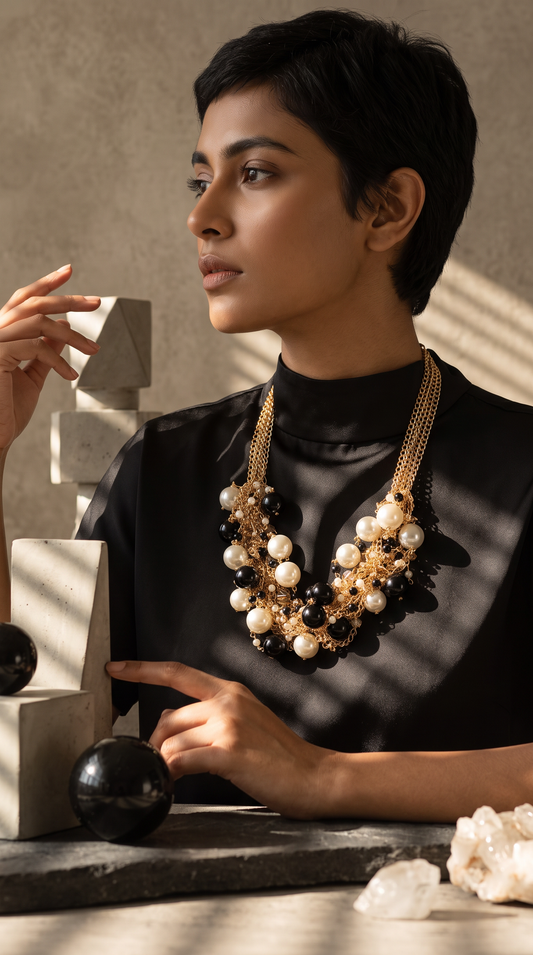 Chunky Gold Pearl/Black Necklace