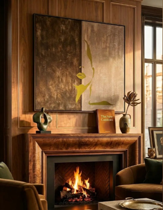 This elegant acrylic textured painting features a striking silhouette of a lady’s face rendered in shimmering gold, set against a sophisticated palette of brown, cream, and gold tones. Measurement 30 40 cm