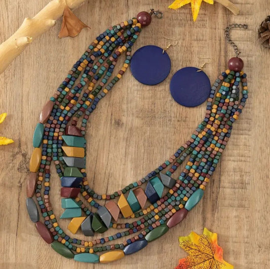 This handmade wooden bead necklace with round blue earrings is a natural, yet refined accessory set designed to bring warmth and elegance to any look. The necklace is crafted from smooth, polished wooden beads that highlight the organic beauty of the material, each bead carefully strung to create a balanced and timeless rhythm.