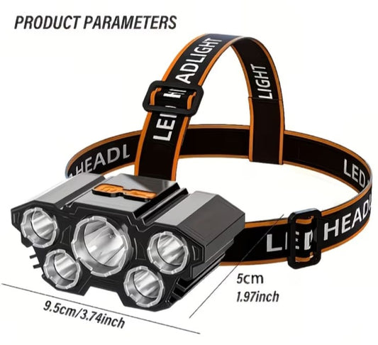 This LED headlight is built for versatility and performance, featuring 5 powerful lights with 4 adjustable settings to suit any environment. Designed for convenience, it comes with a USB cable for easy recharging, ensuring reliable illumination whenever you need it.
