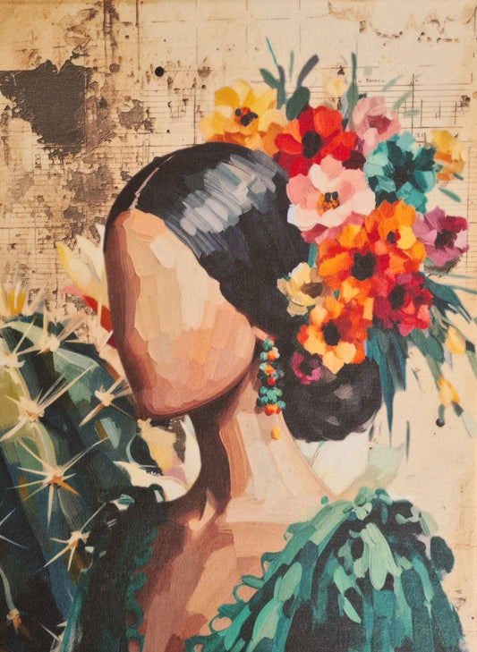 This piece is a textured decoupage on canvas portraying a Mexican muse. Ideal for a small feature wall. 40x30cm