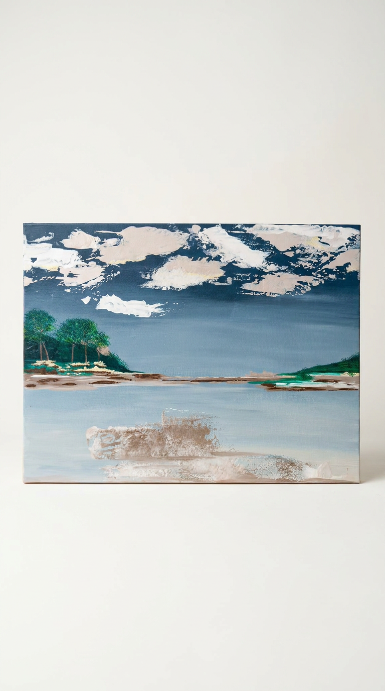 This textured acrylic landscape and sea painting (30 x 40) captures the natural beauty of earth and water with expressive depth.