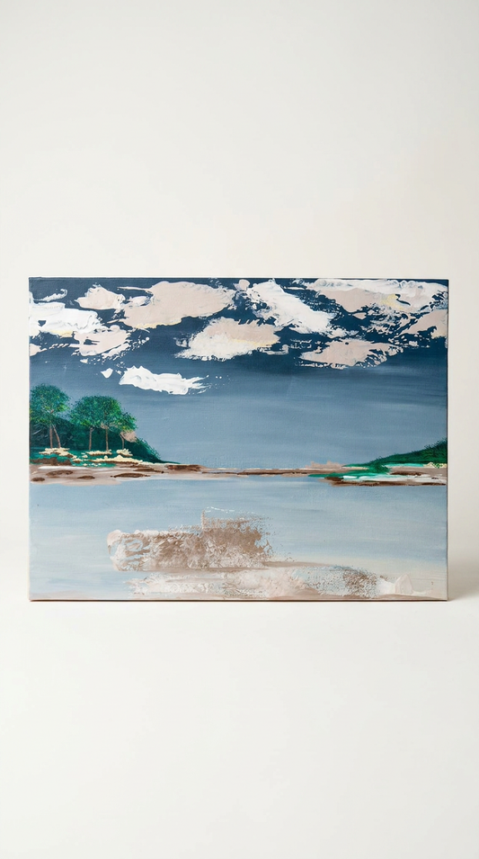 This textured acrylic landscape and sea painting (30 x 40) captures the natural beauty of earth and water with expressive depth.