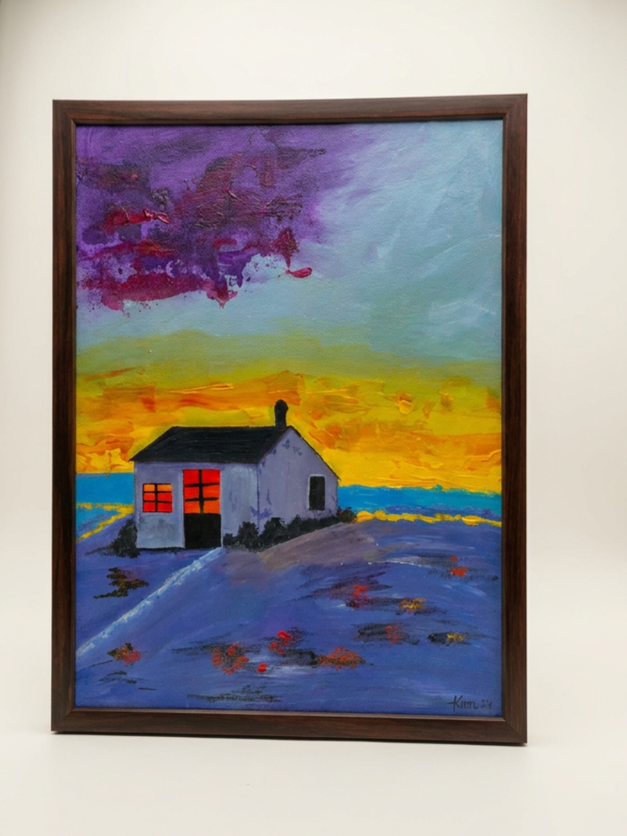 Bathed in the gentle glow of dawn, this 30x40 acrylic painting portrays a quaint seaside house embraced by shimmering morning light. The vibrant hues of sky and sea create a serene yet uplifting atmosphere, perfect for adding warmth and charm to any area of the home.&nbsp;