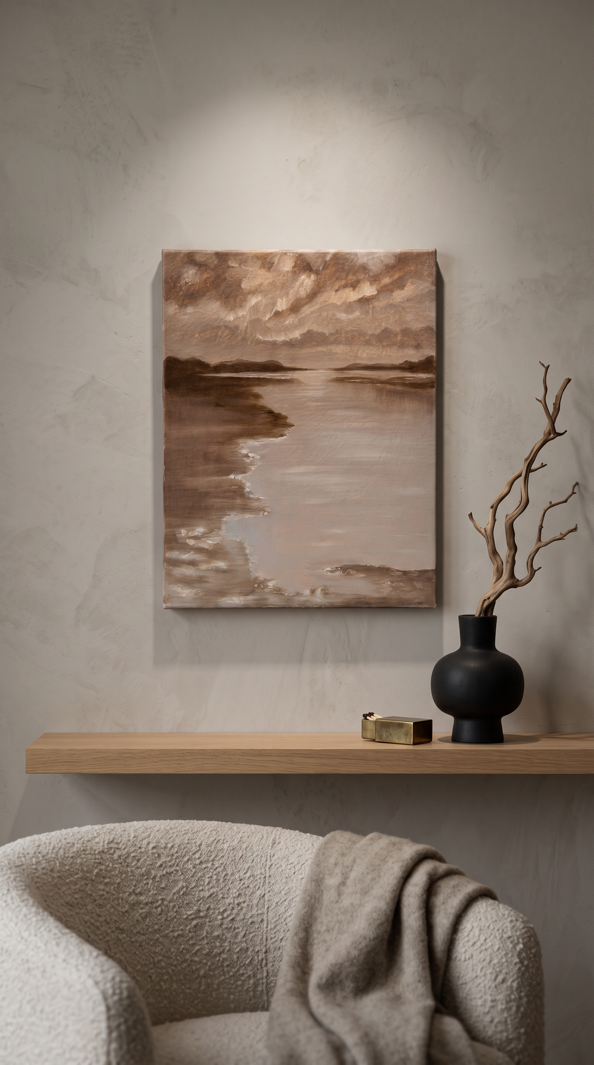 This 25 x 30 small acrylic painting captures the harmony of land, sky, and water through rich brown hues.