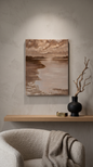 This 25 x 30 small acrylic painting captures the harmony of land, sky, and water through rich brown hues.