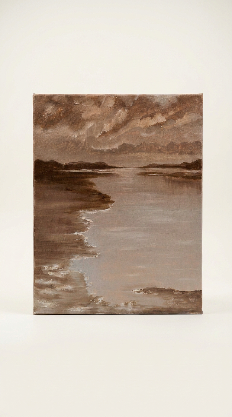 This 25 x 30 small acrylic painting captures the harmony of land, sky, and water through rich brown hues.