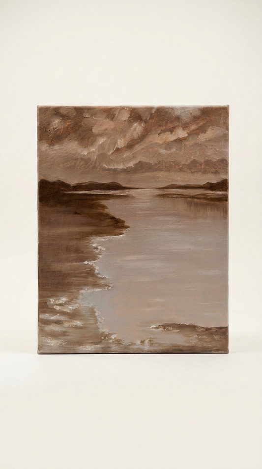 This 25 x 30 small acrylic painting captures the harmony of land, sky, and water through rich brown hues.