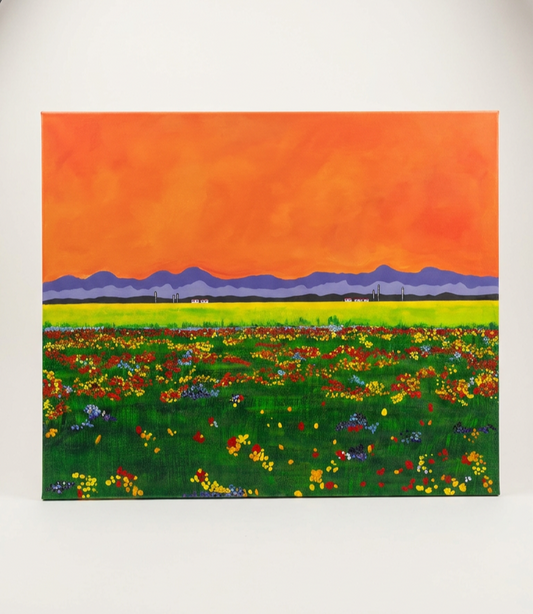 This landscape acrylic painting bursts with vibrant orange hues, bringing energy and life to any space. 