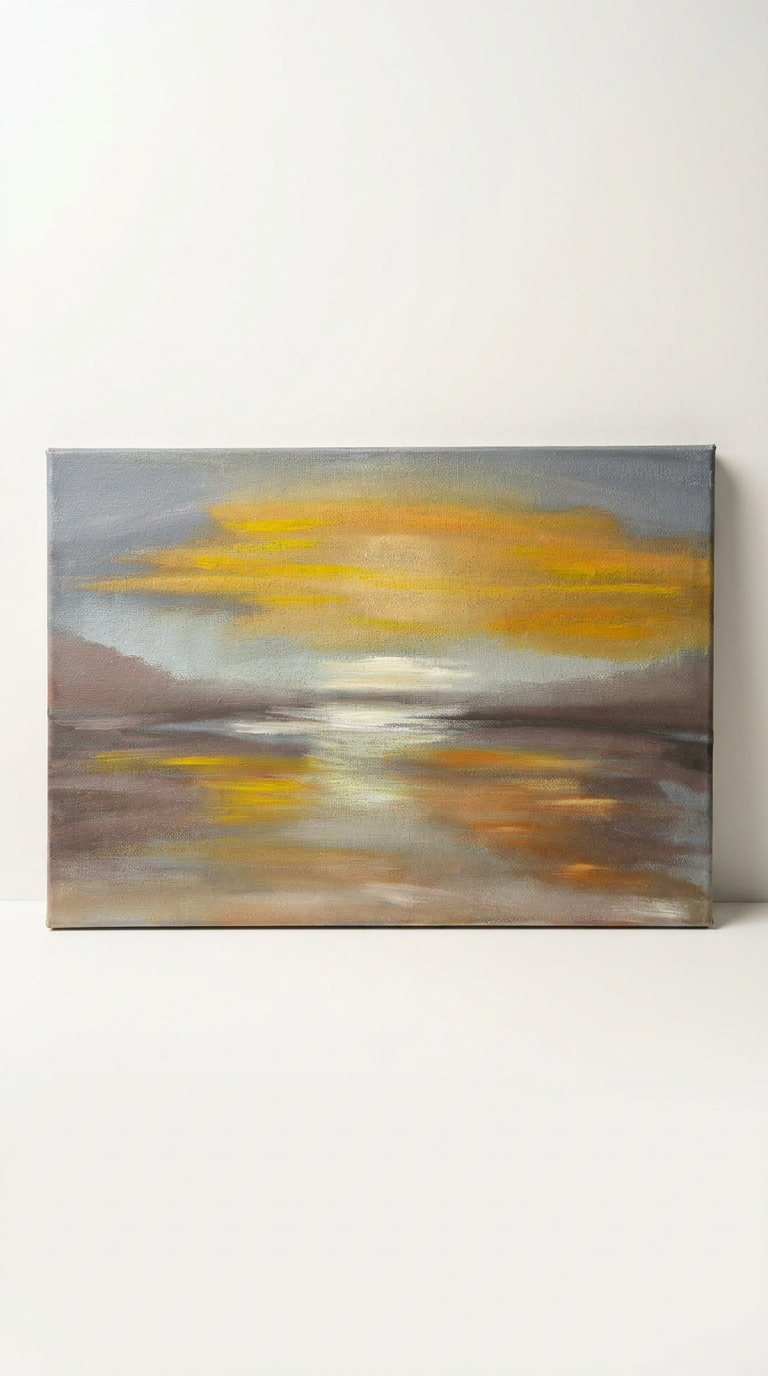 This 30 x 20 acrylic painting beautifully represents the resting of light during sunset, capturing the serene transition as day fades into evening.