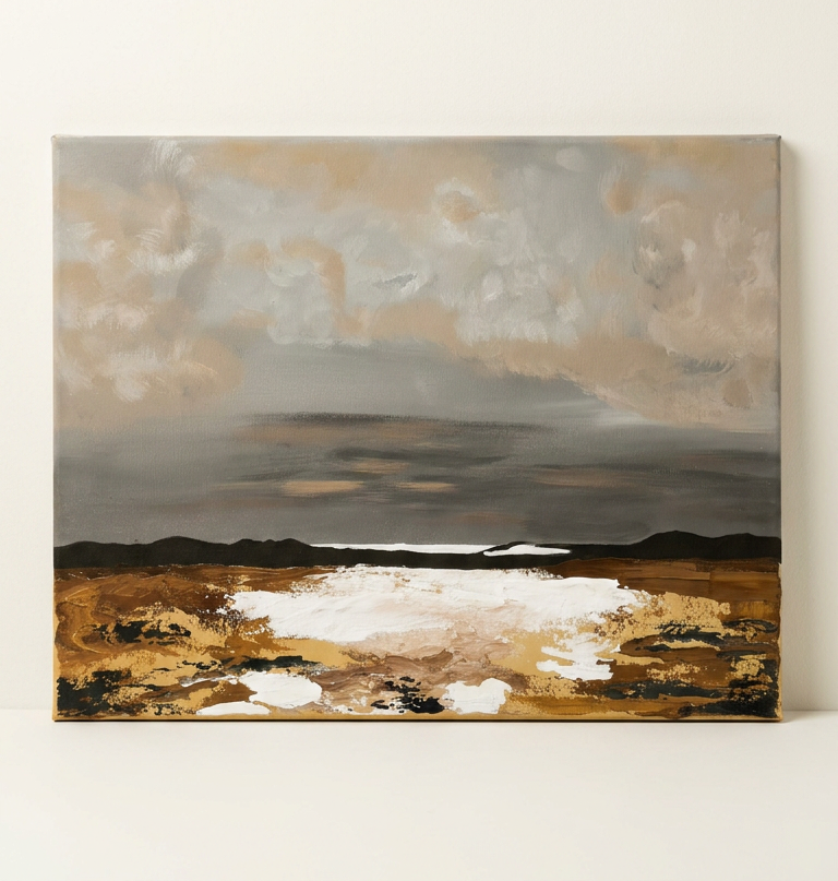 This 30x40 acrylic textured painting captures a rustic nature setting under dramatic grey clouds, blending depth and atmosphere with expressive brushwork. 
