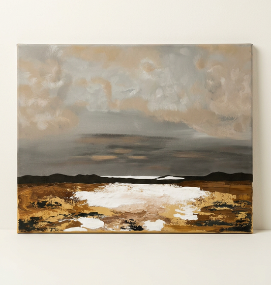 This 30x40 acrylic textured painting captures a rustic nature setting under dramatic grey clouds, blending depth and atmosphere with expressive brushwork. 
