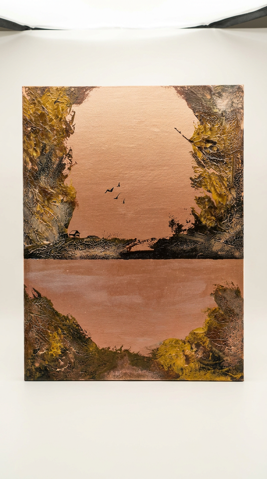 This textured landscape acrylic painting, highlighted with bold bronze tones, radiates warmth and sophistication.