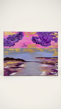 This modern acrylic painting showcases a textured blend of purple skies with a serene ocean and land view. The bold yet calming palette creates a striking visual balance.