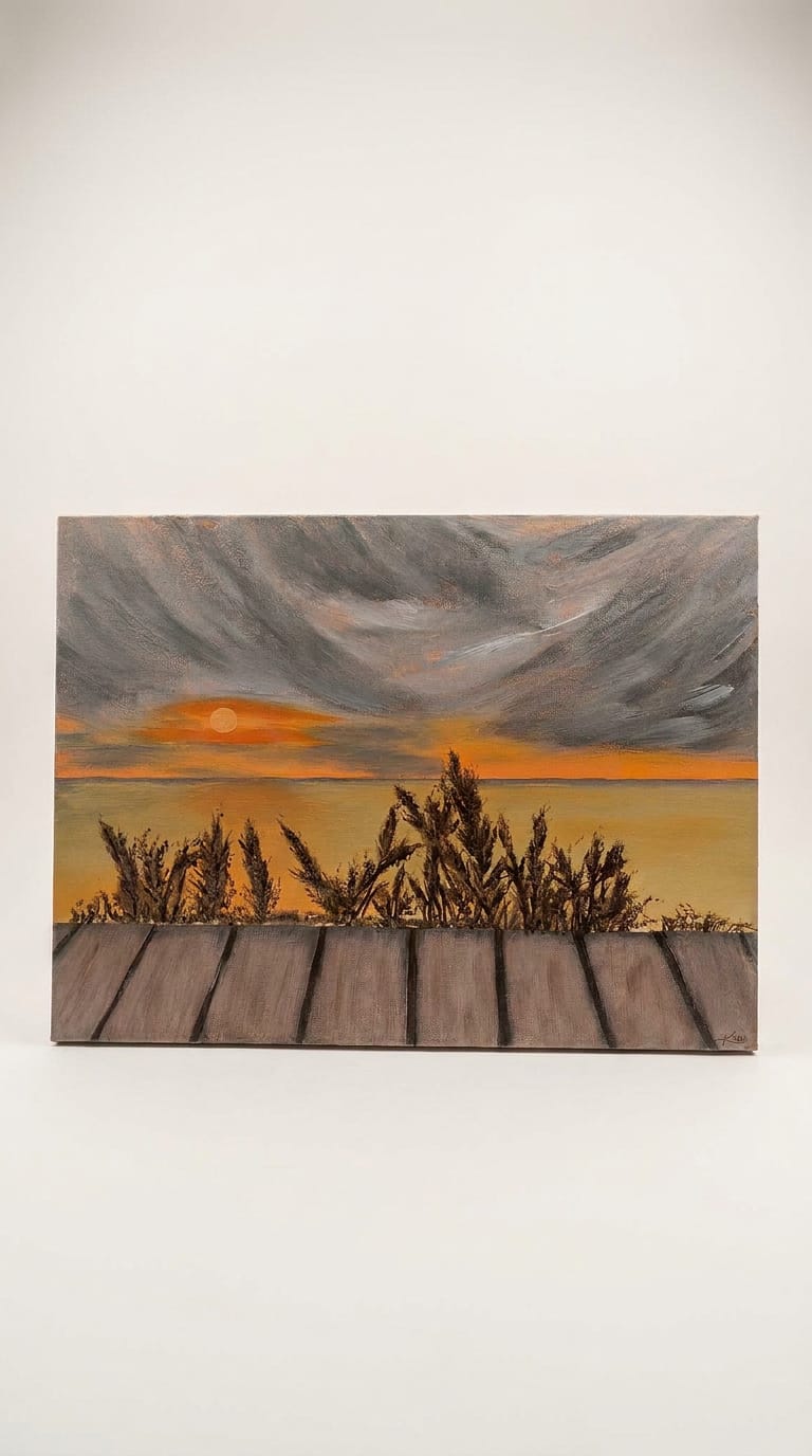 This captivating acrylic painting captures the golden hues of sunset spilling across the horizon, reflected in the calm waters beneath a wooden pier.
