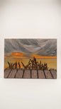 This captivating acrylic painting captures the golden hues of sunset spilling across the horizon, reflected in the calm waters beneath a wooden pier.