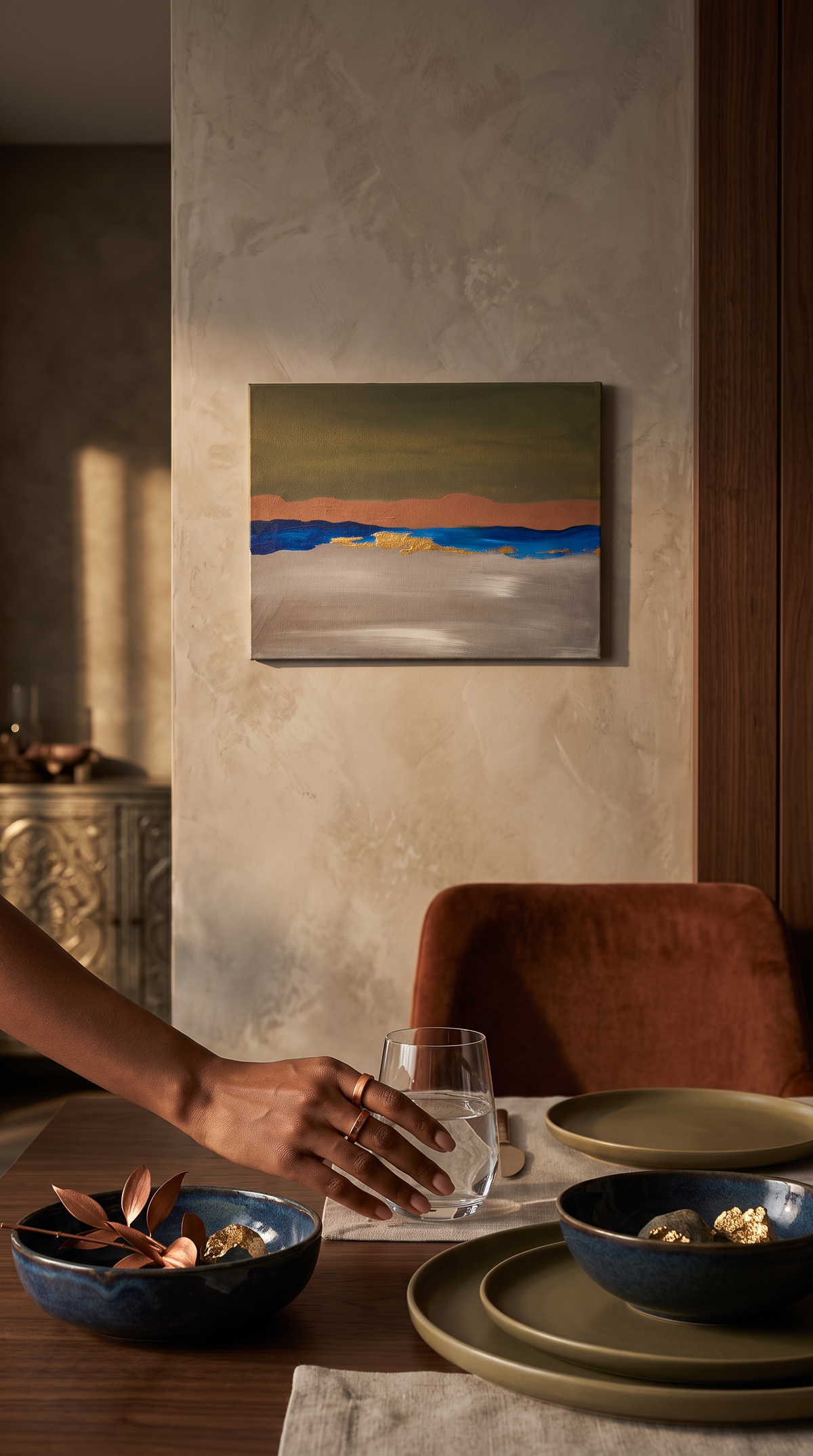 This 30 x 40 abstract acrylic terrain painting blends textured brushwork with imaginative landscapes, creating a modern interpretation of nature. 