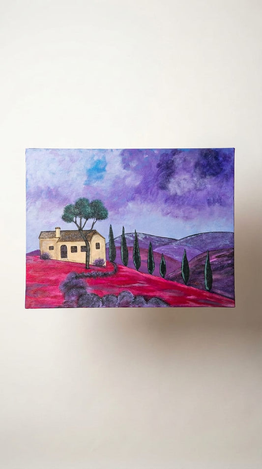 Immerse yourself in the rolling beauty of Tuscany with this 50x60 acrylic masterpiece. Deep magenta and rich purple hues sweep across the hills, creating a vibrant, dreamlike landscape that radiates warmth and elegance. A striking centerpiece for any space, it brings the charm of Tuscan scenery into your home.