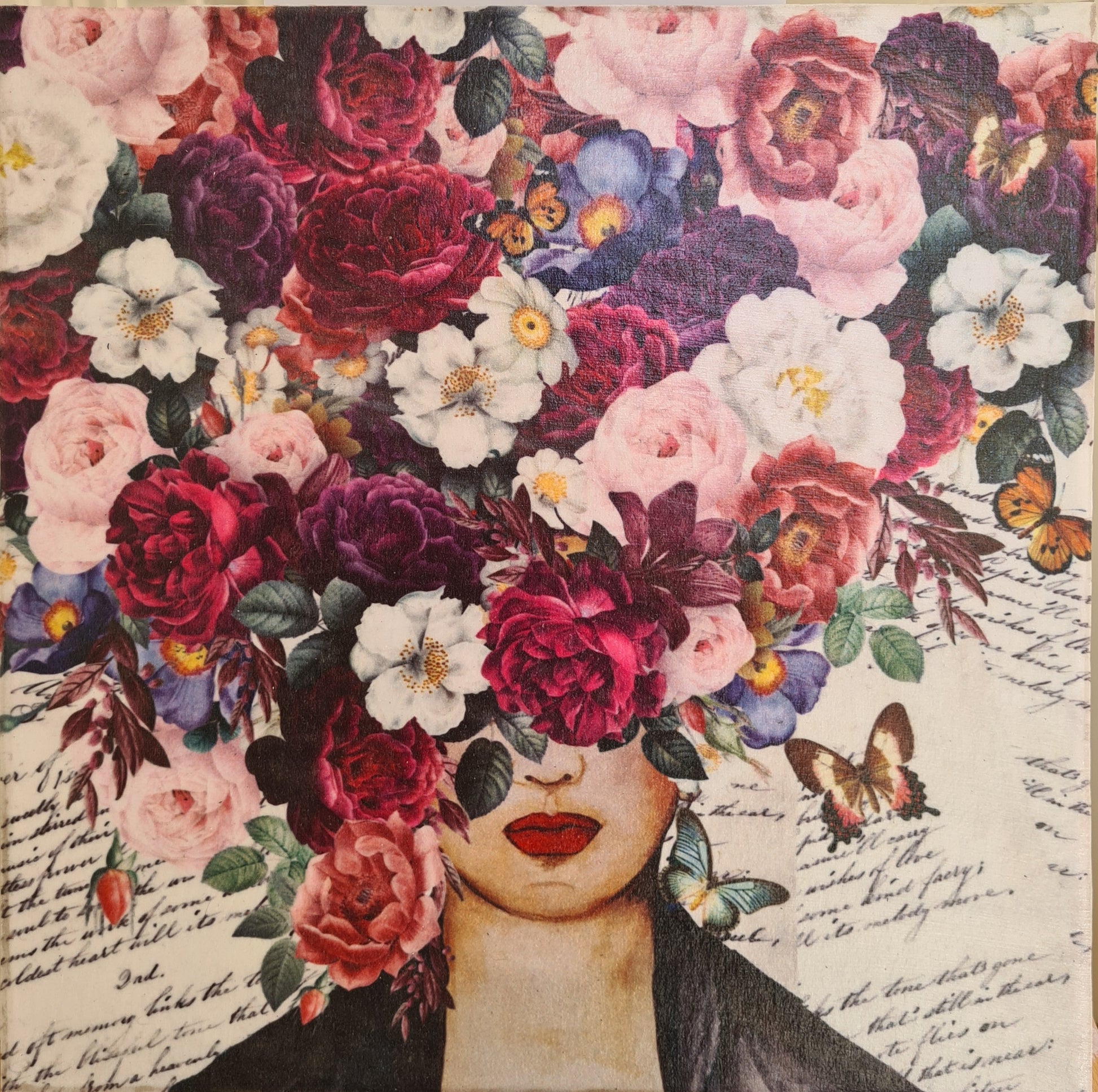 This piece is a textured decoupage on canvas portraying a woman surrounded by vibrant floral hues. Ideal for small area on a wall. Measurements 30 x 30