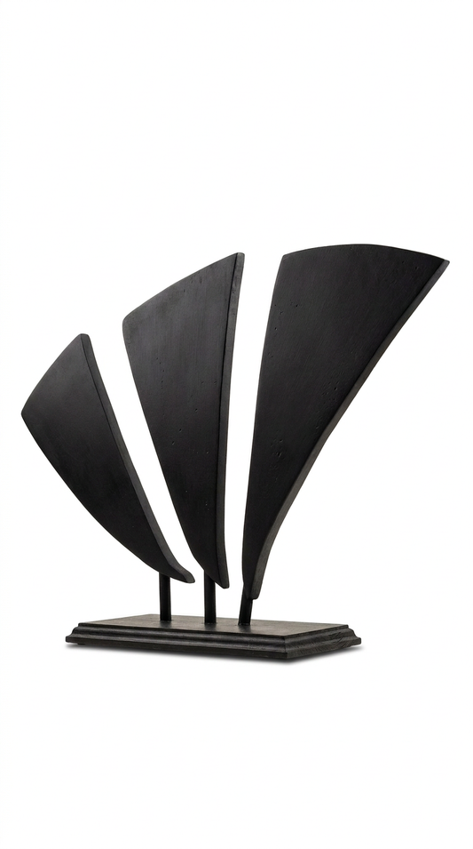 This wooden boat abstract sculpture features a sleek design with three sails, all crafted from wood to highlight natural texture and artistry