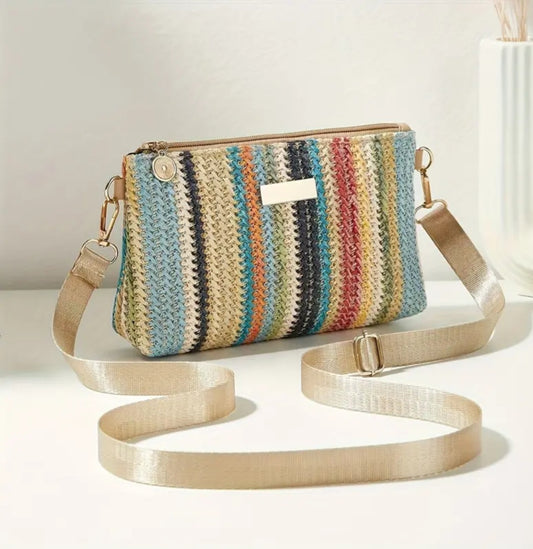 Multicolor woven handbag with silk like strap in blue undertones