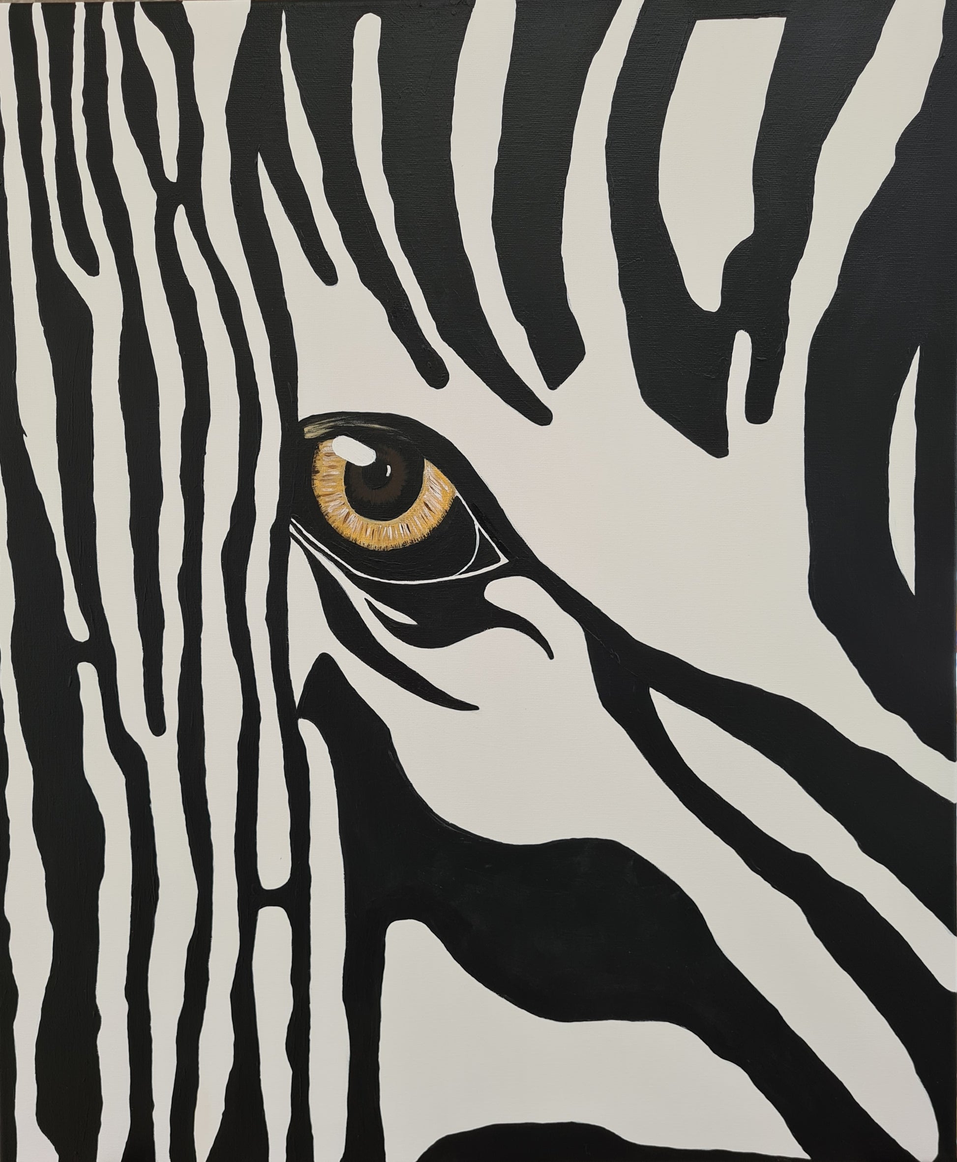 A hand-painted acrylic painting on canvas board, this work explores the elegance of the zebra through bold contrasts and rhythmic linear patterns. Measuring 50 x 60 cm